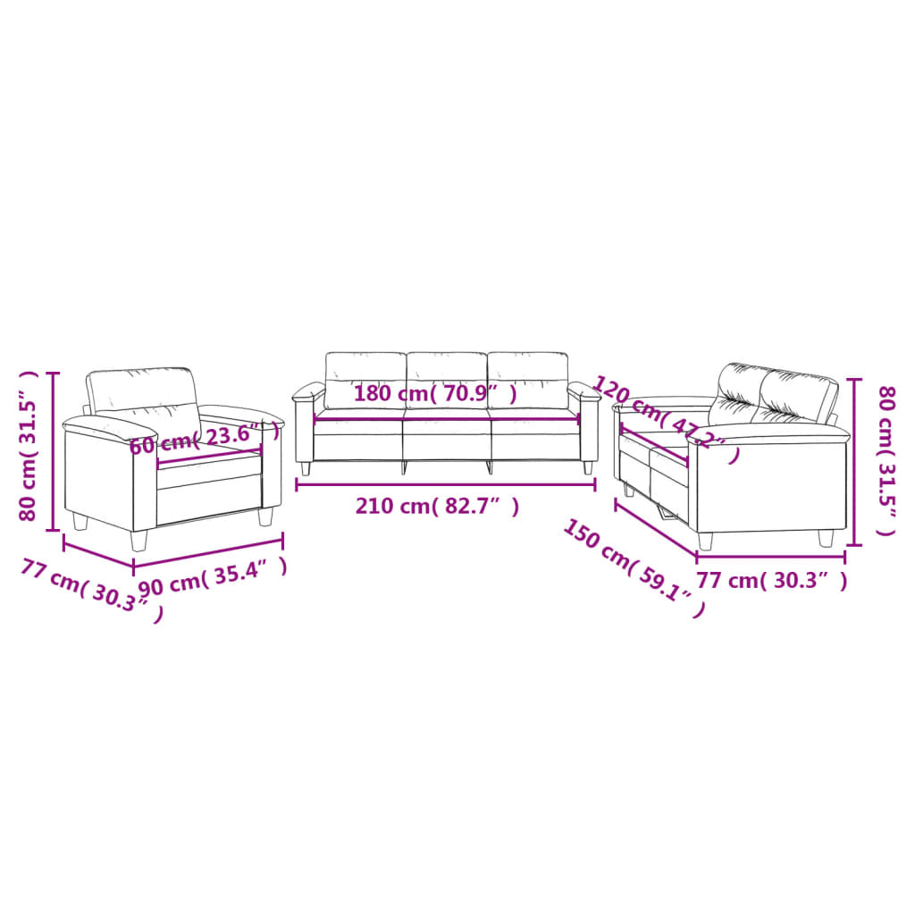 Set Divani 3 pz con Cuscini Grigio Chiaro in Tessuto Microfibra | homemem39