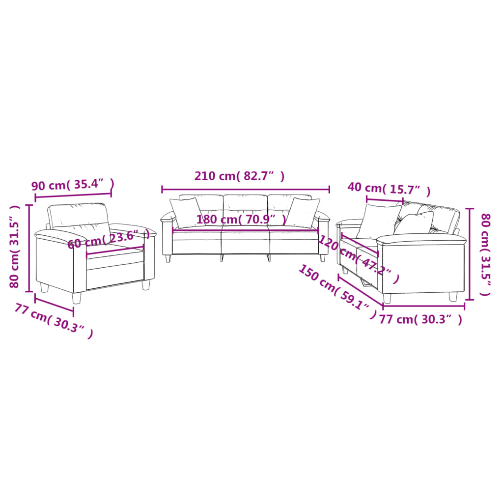 Set Divani 3 pz con Cuscini Grigio Chiaro in Tessuto Microfibra | homemem39