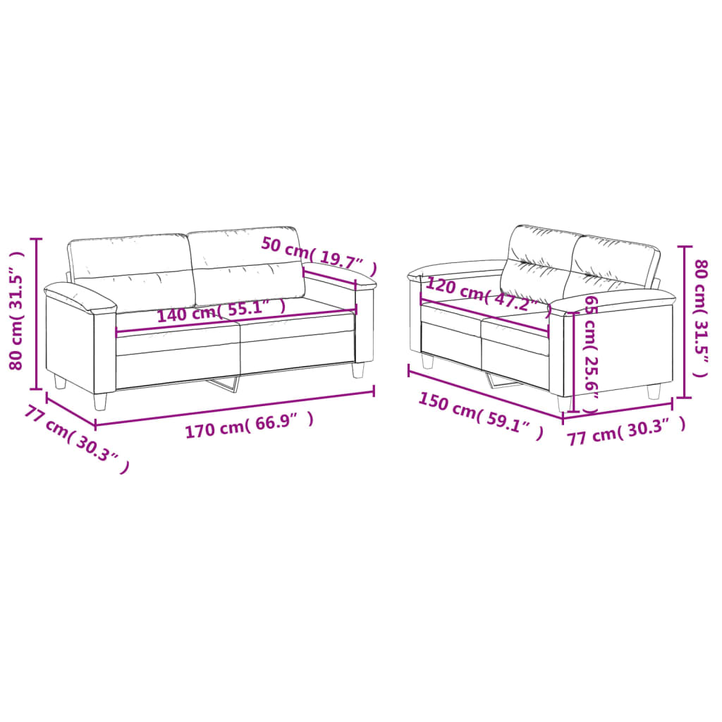 Set Divani 2 pz con Cuscini Grigio Chiaro in Tessuto Microfibra | homemem39