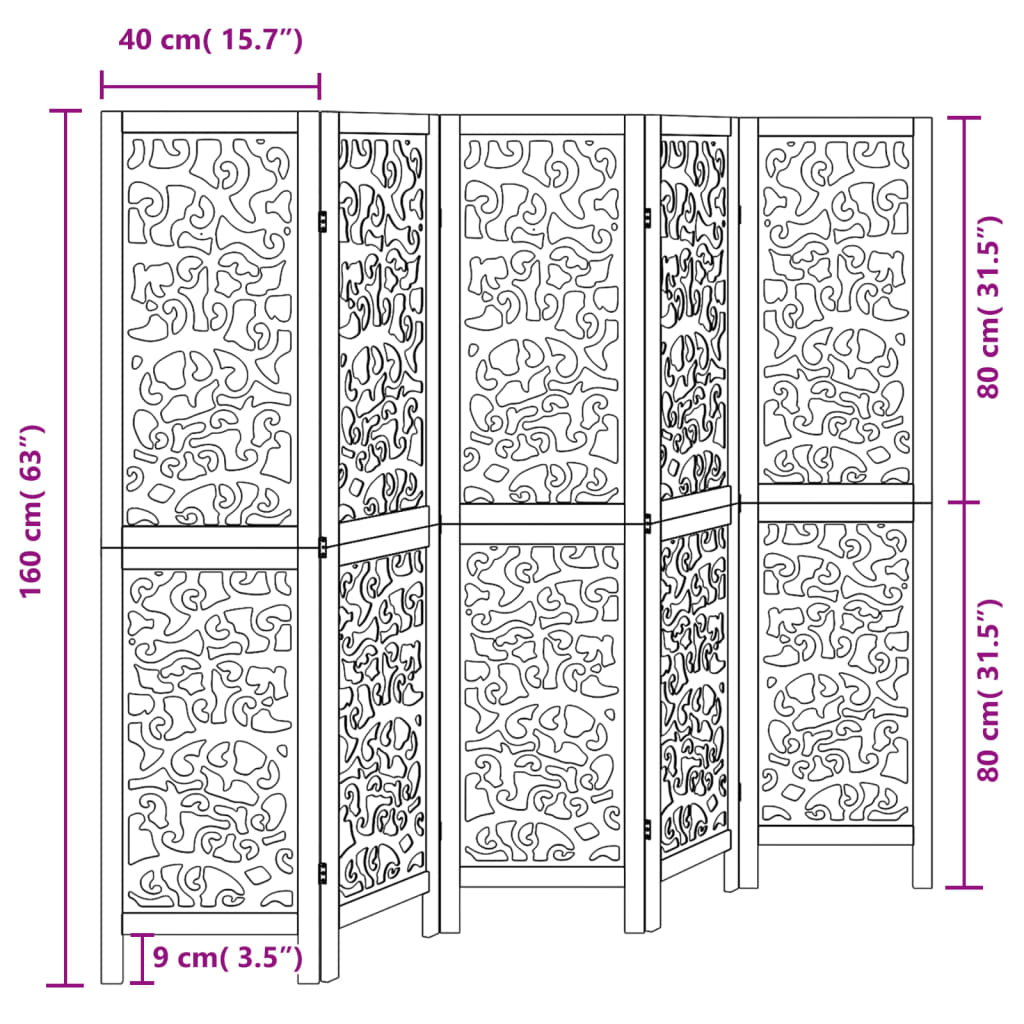 Divisorio Ambienti 5 Pannelli Nero Legno Massello di Paulownia | homemem39