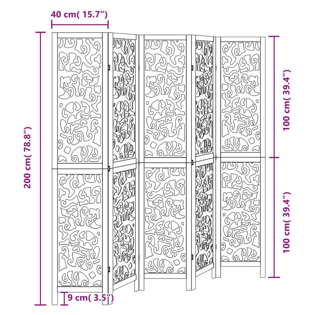 Divisorio Ambienti 5 Pannelli Nero Legno Massello di Paulownia - homemem39