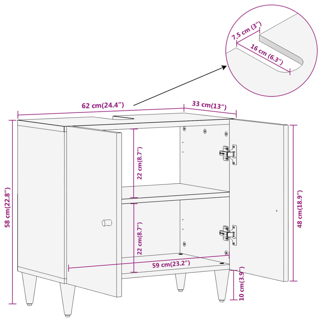 Mobile Lavabo da Bagno 62x33x58cm in Legno Massello di Mango | homemem39