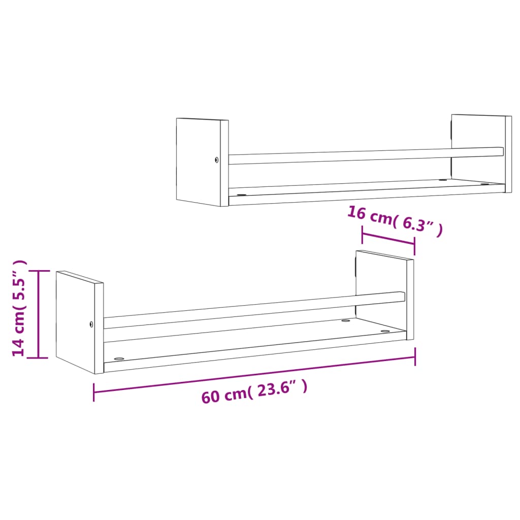 Mensole a Parete con Aste 2pz Rovere Sonoma 60x16x14 cm