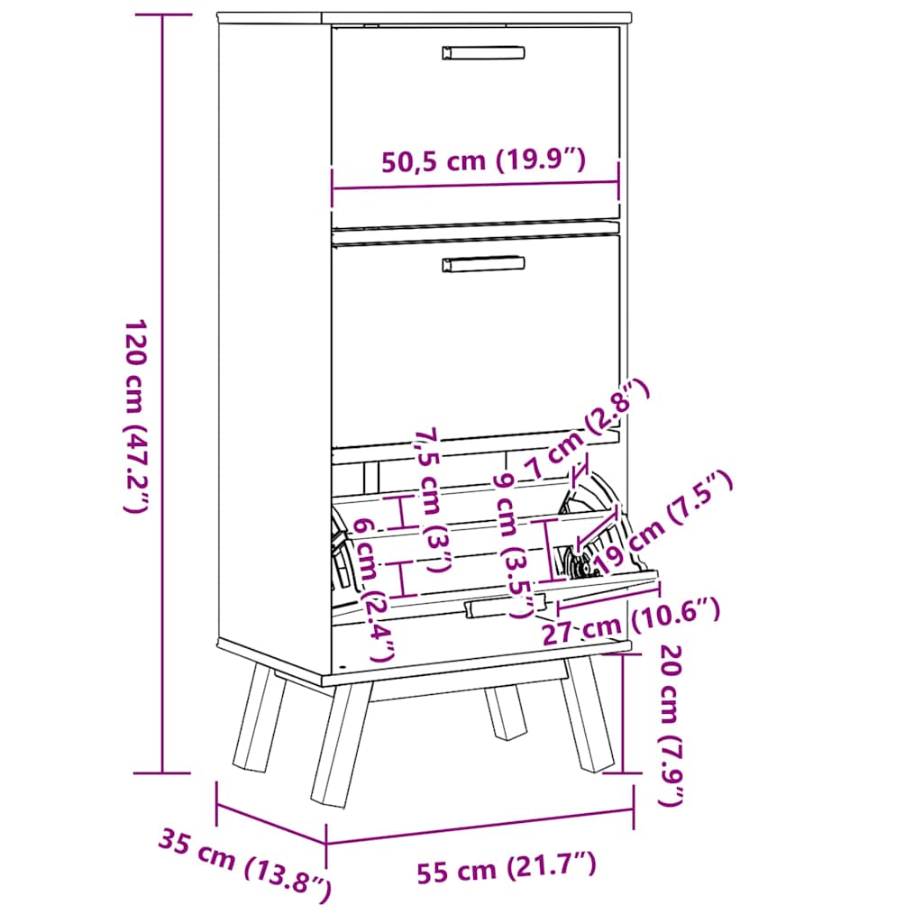 Scarpiera OLDEN Grigia Marrone 55x35x120 cm Legno Massello Pino