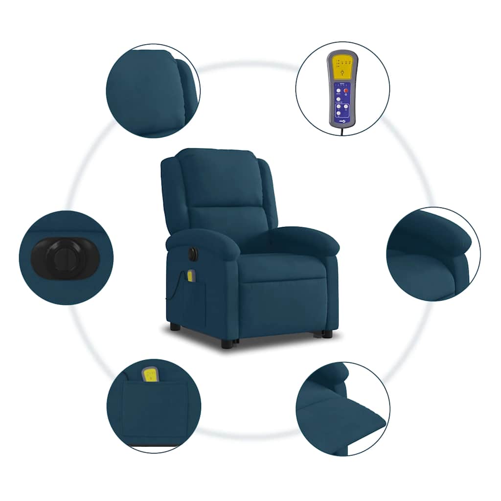 Poltrona Alzapersona Massaggi Reclinabile Elettrica Blu Velluto