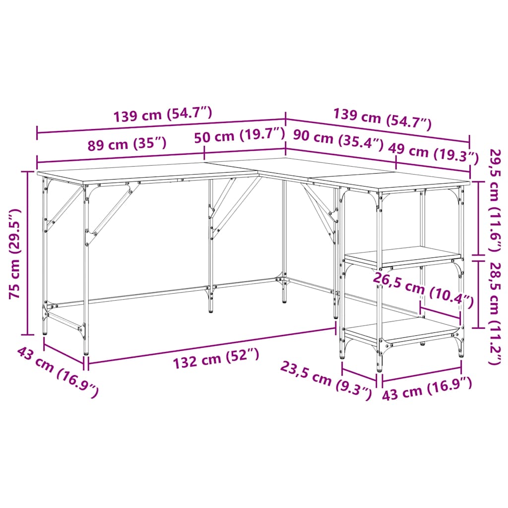 Scrivania Grigio Sonoma 139x139x75 cm in Legno Multistrato