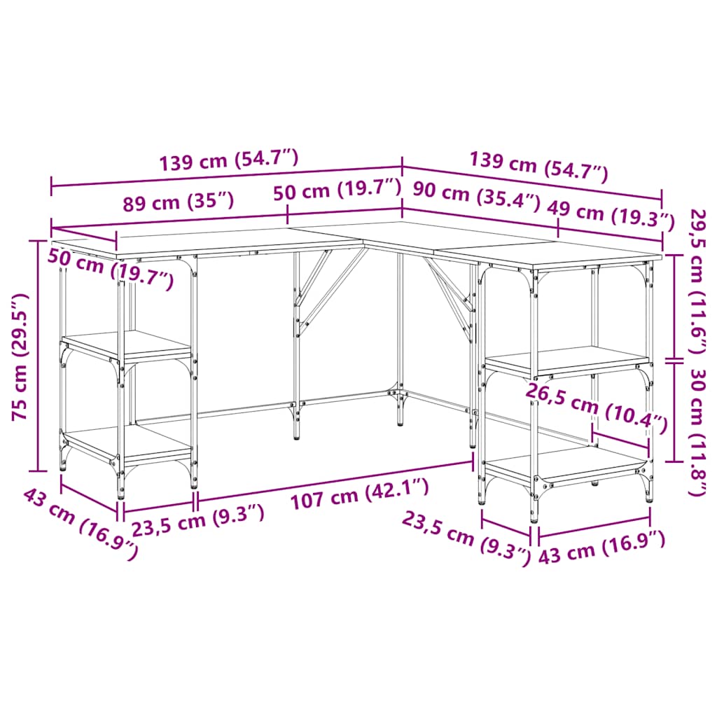 Scrivania Rovere Fumo 139x139x75 cm in Legno Multistrato | homemem39