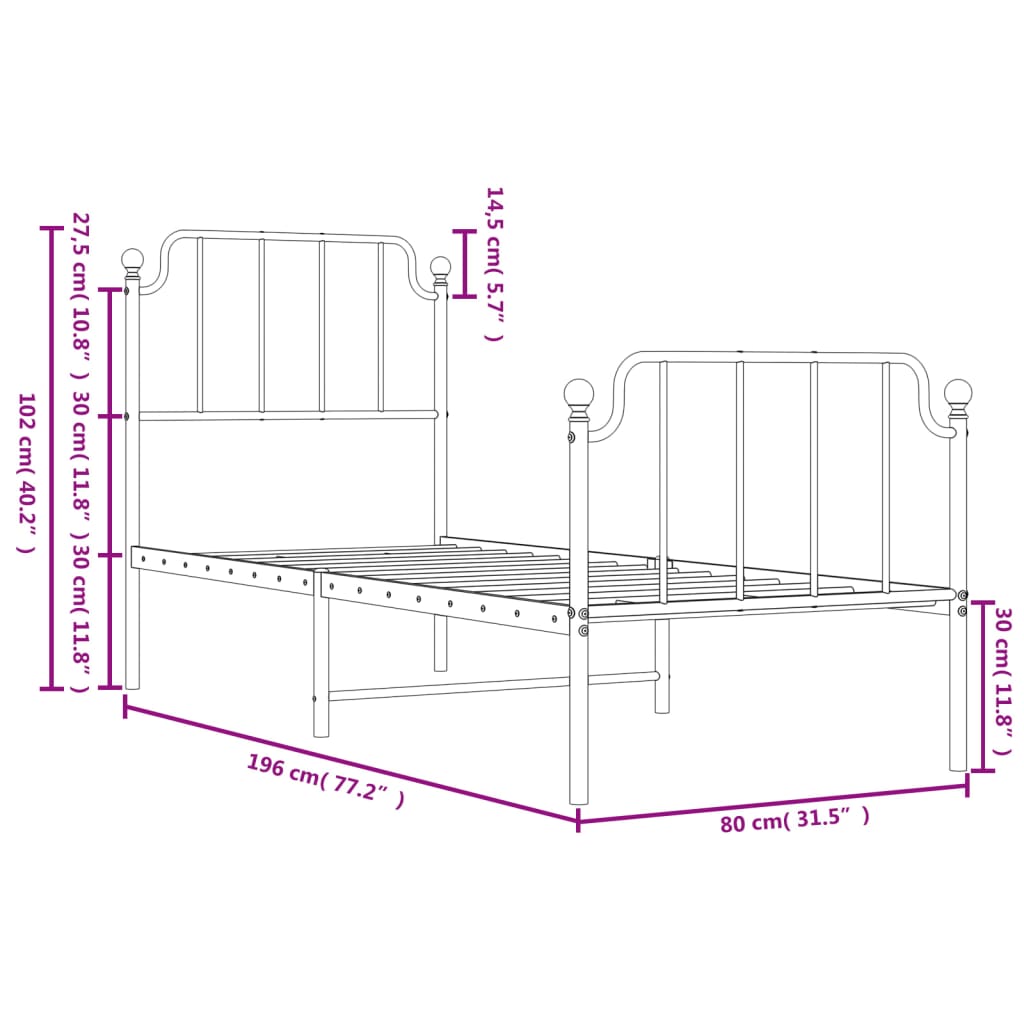 Giroletto con Testiera e Pediera Metallo Bianco 75x190 cm | homemem39
