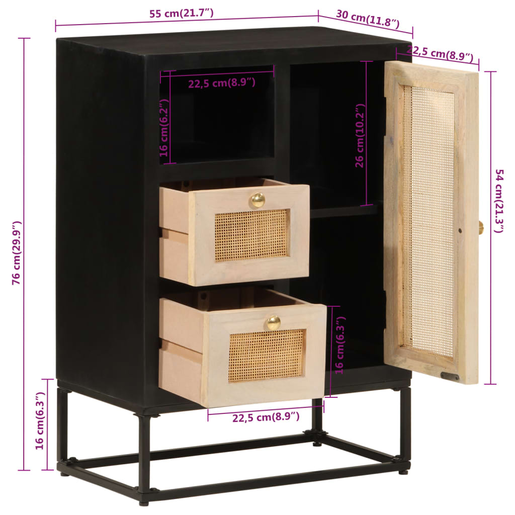 Credenza Nera 55x30x76 cm in Legno Massello di Mango e Ferro | homemem39
