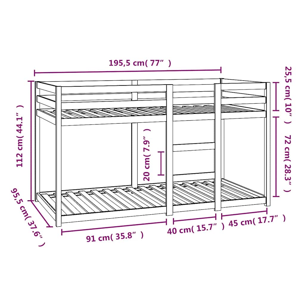 Letto a Castello senza Materasso 90x190 cm Legno di Pino | homemem39
