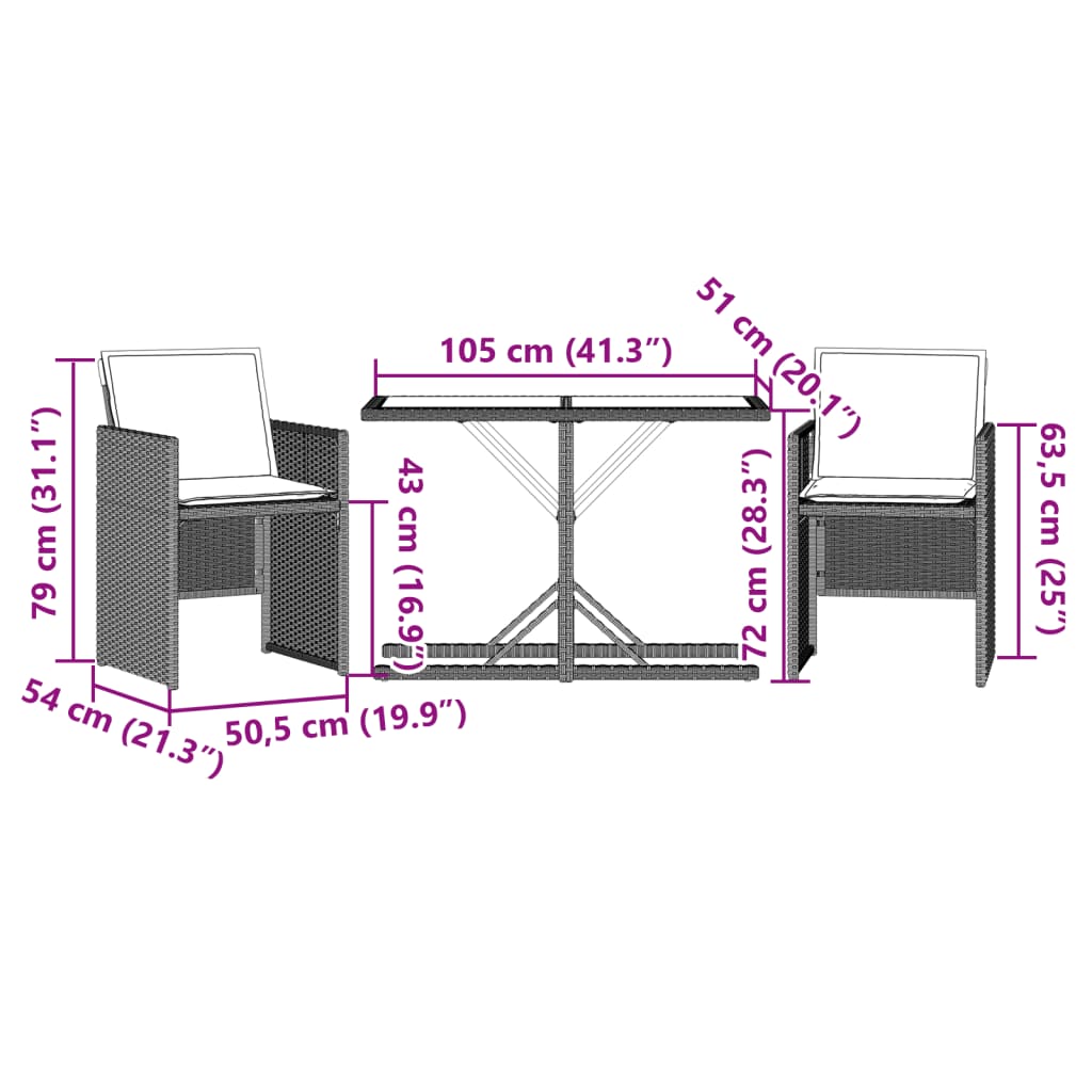 Set da Bistrò 3 pz con Cuscini Grigio Chiaro in Polyrattan