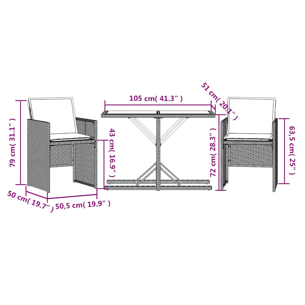 Set da Bistrò 3 pz con Cuscini Beige Misto in Polyrattan