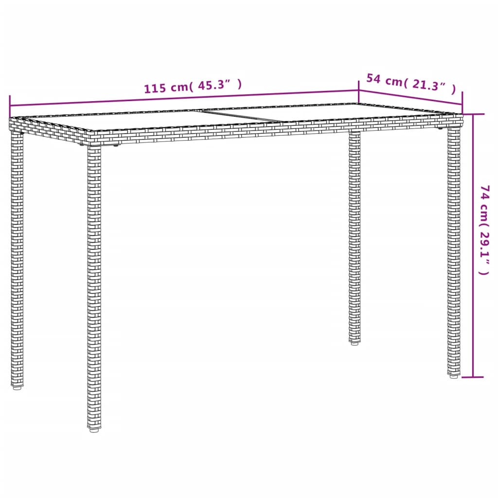 Tavolo da Giardino Piano in Vetro Grigio 115x54x74cm Polyrattan | homemem39