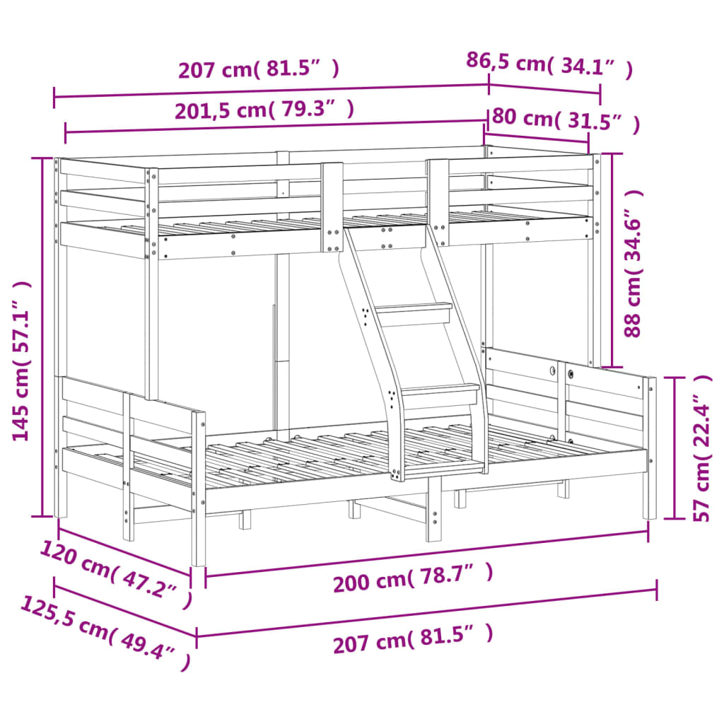 Letto a Castello 80x200/120x200 cm in Legno Massello di Pino | homemem39