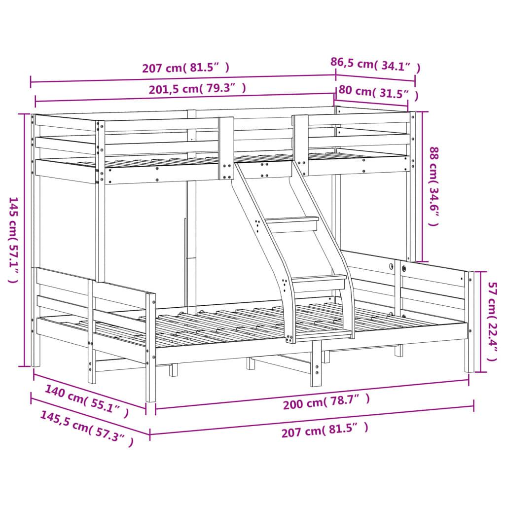 Letto a Castello 80x200/140x200cm Bianco Legno Massello di Pino | homemem39