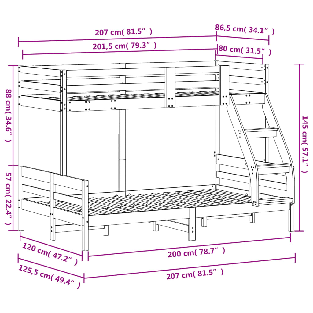 Letto a Castello 80x200/120x200 cm in Legno Massello di Pino | homemem39