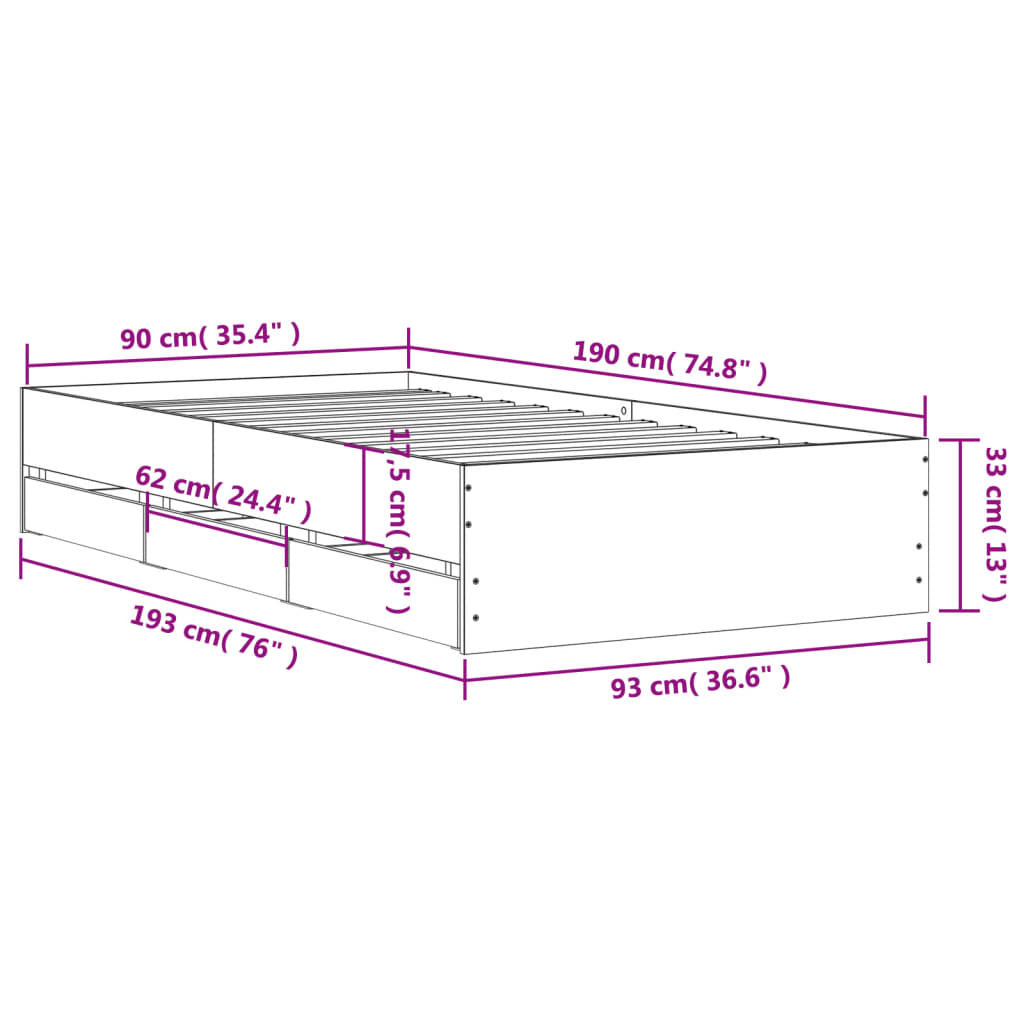 Giroletto Cassetti Grigio Sonoma 90x190 cm Legno Multistrato | homemem39