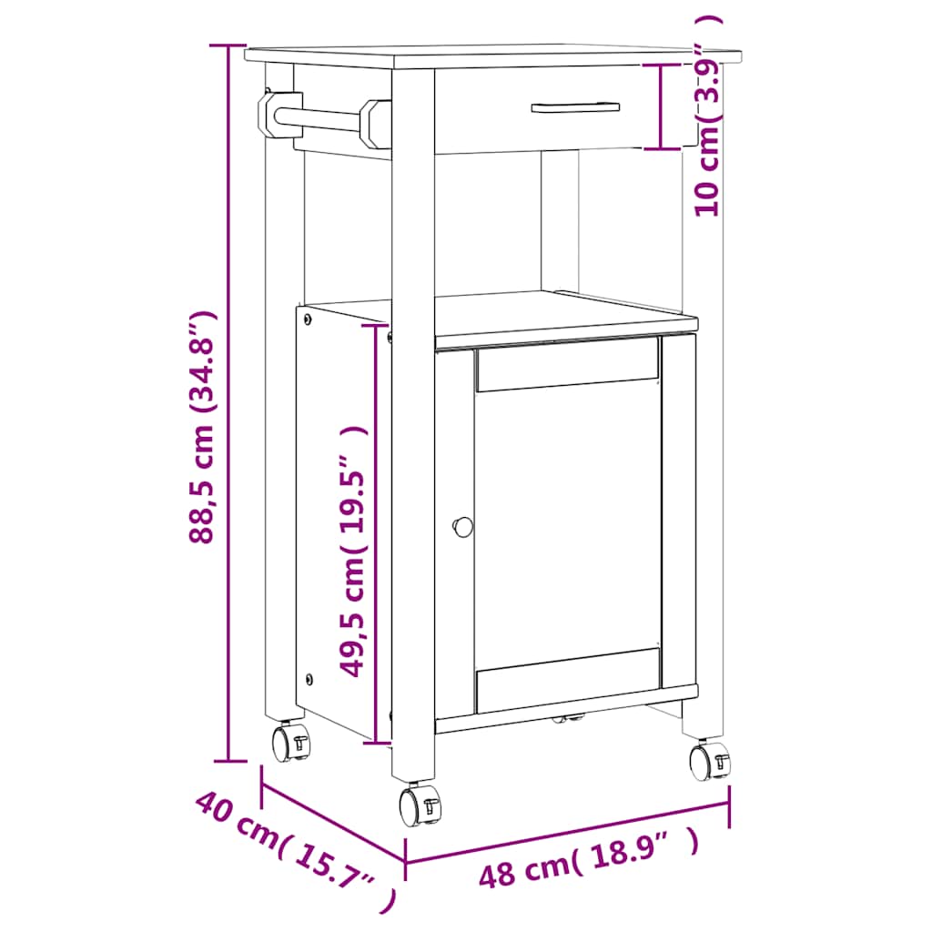 Carrello da Cucina MONZA 48x40x88,5 cm in Legno Massello di Pino