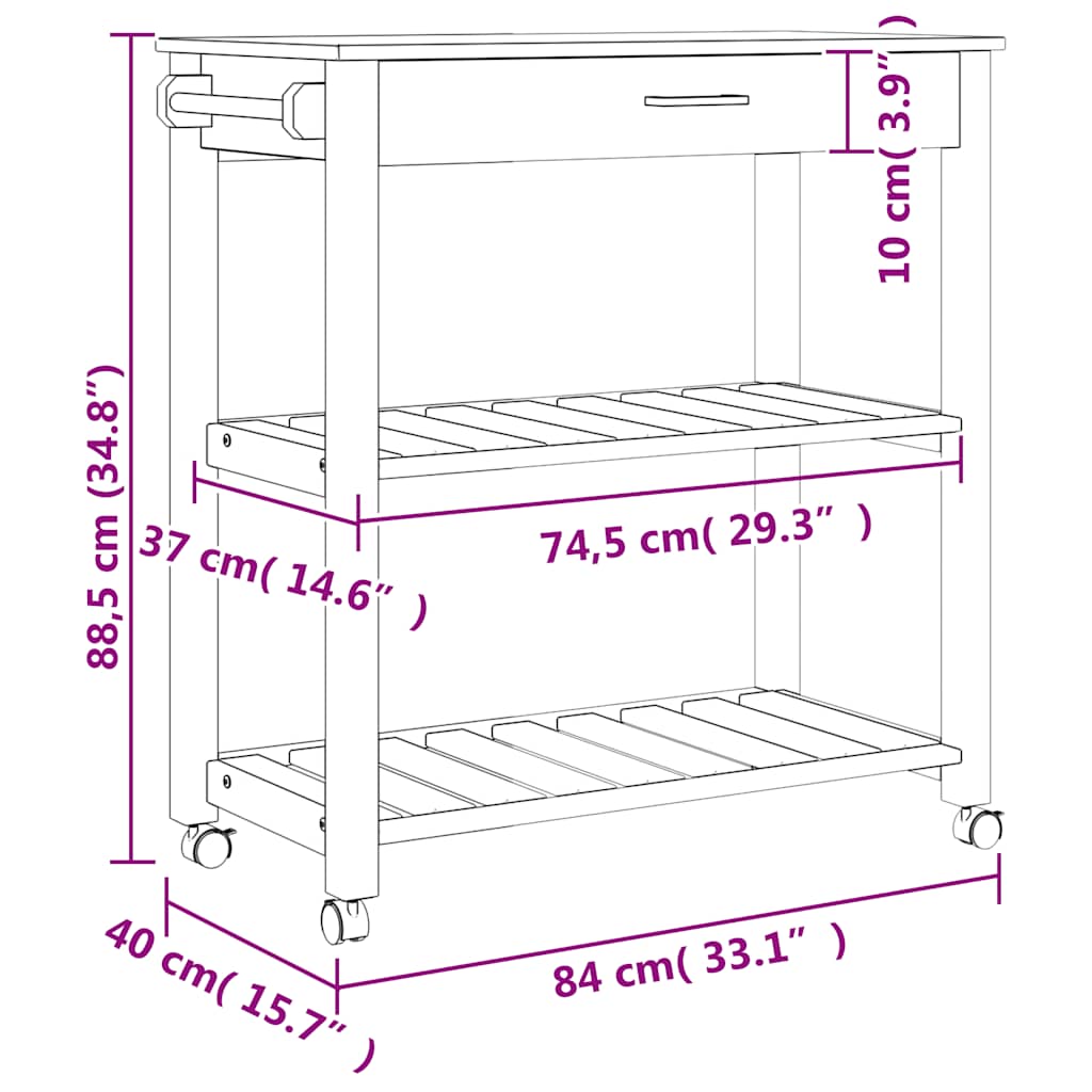 Carrello da Cucina MONZA 84x40x88,5 cm in Legno Massello di Pino