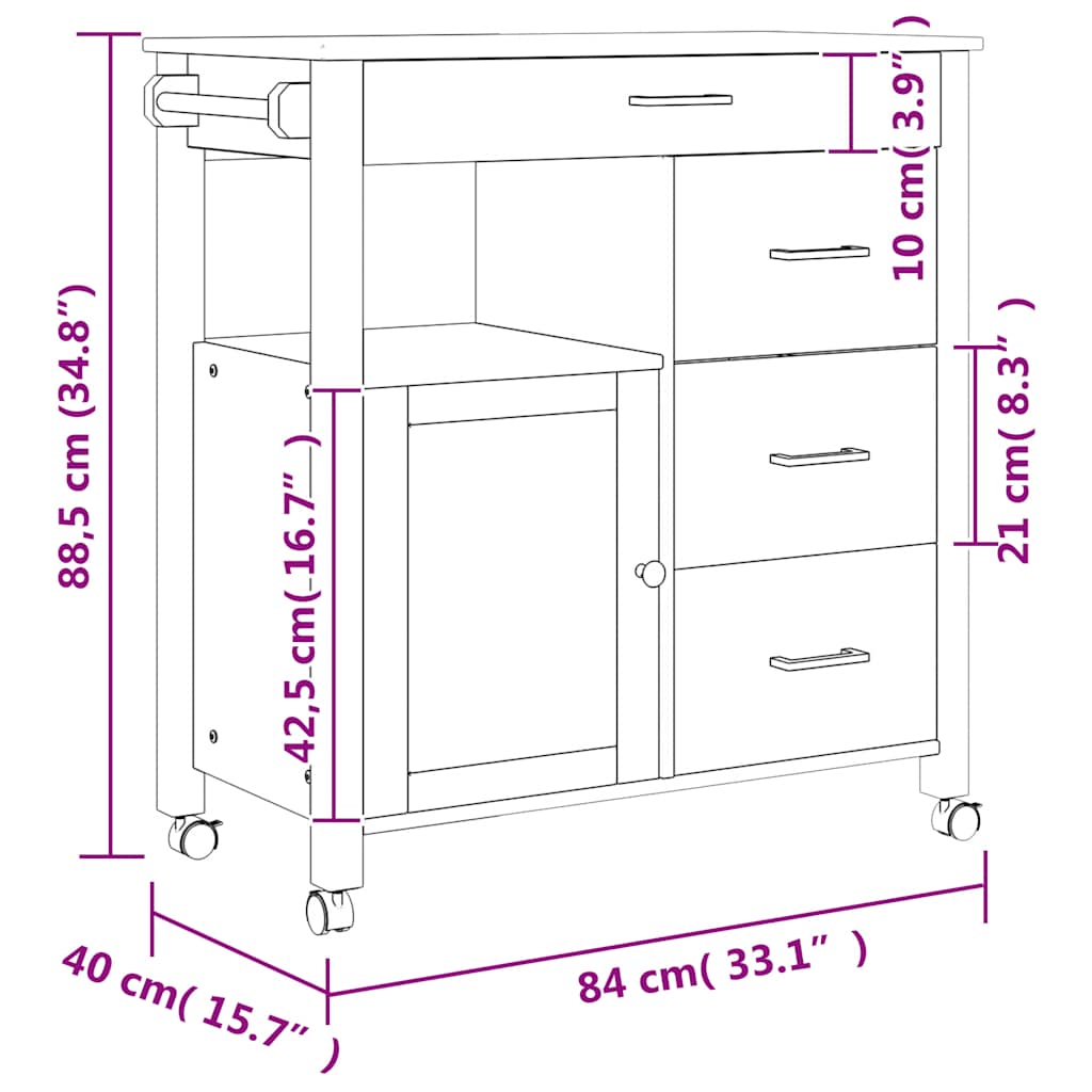 Carrello da Cucina MONZA 84x40x88,5 cm in Legno Massello di Pino