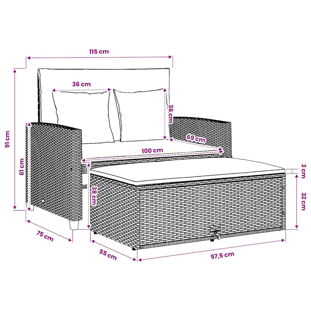 Divano da Giardino con Cuscini a 2 Posti Nero in Polyrattan