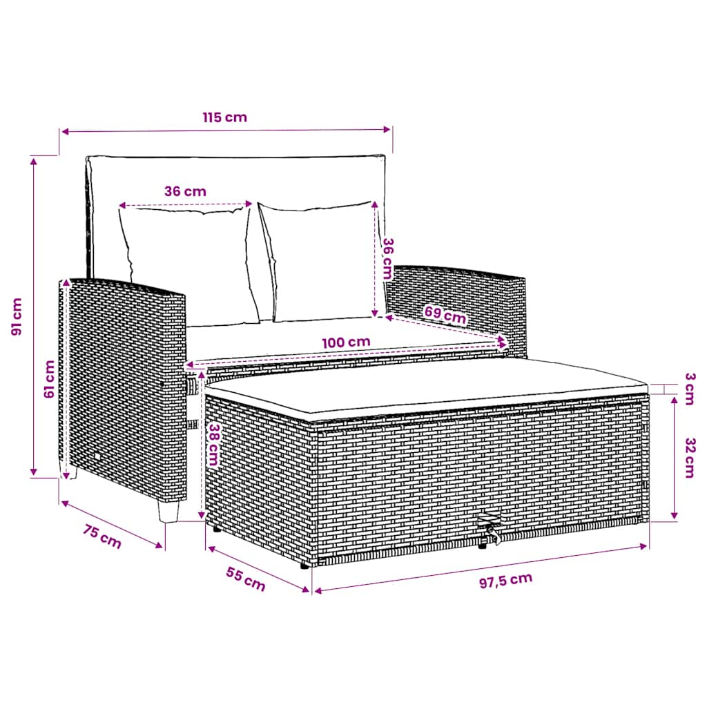 Divano da Giardino a 2 Posti con Cuscini in Polyrattan Marrone