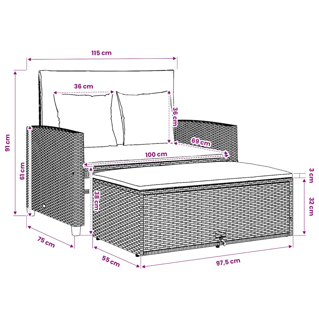 Divano Giardino con Cuscini 2 Posti Nero Polyrattan e Acacia