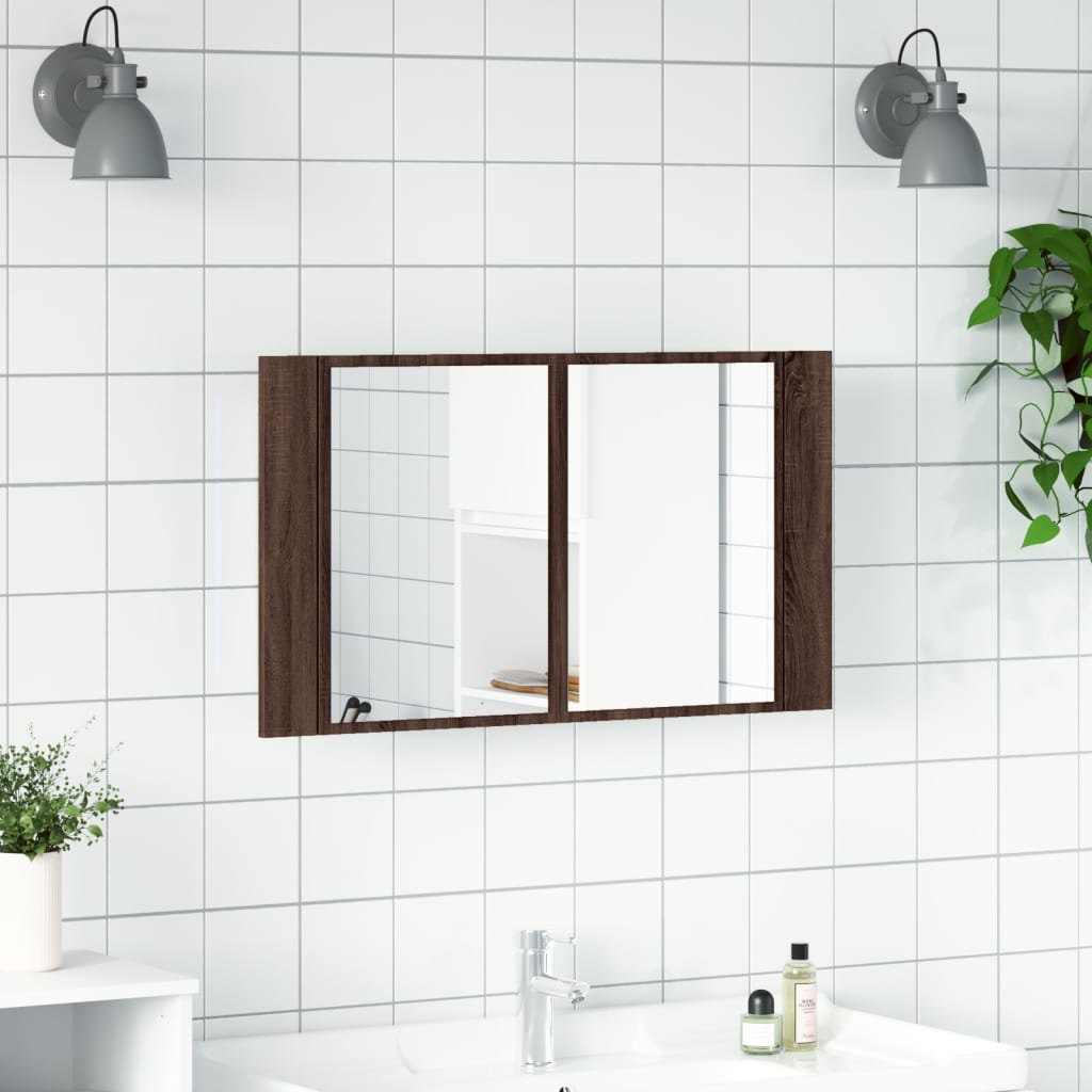 Armadietto Specchio con LED Rovere Marrone 80x12x45cm Acrilico | homemem39
