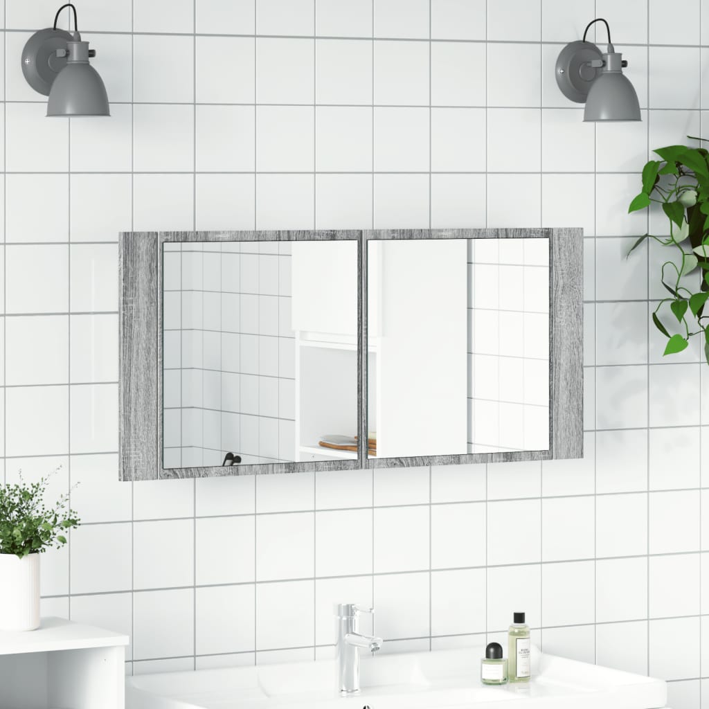 Armadietto Specchio con LED da Bagno Grigio Sonoma 100x12x45 cm | homemem39
