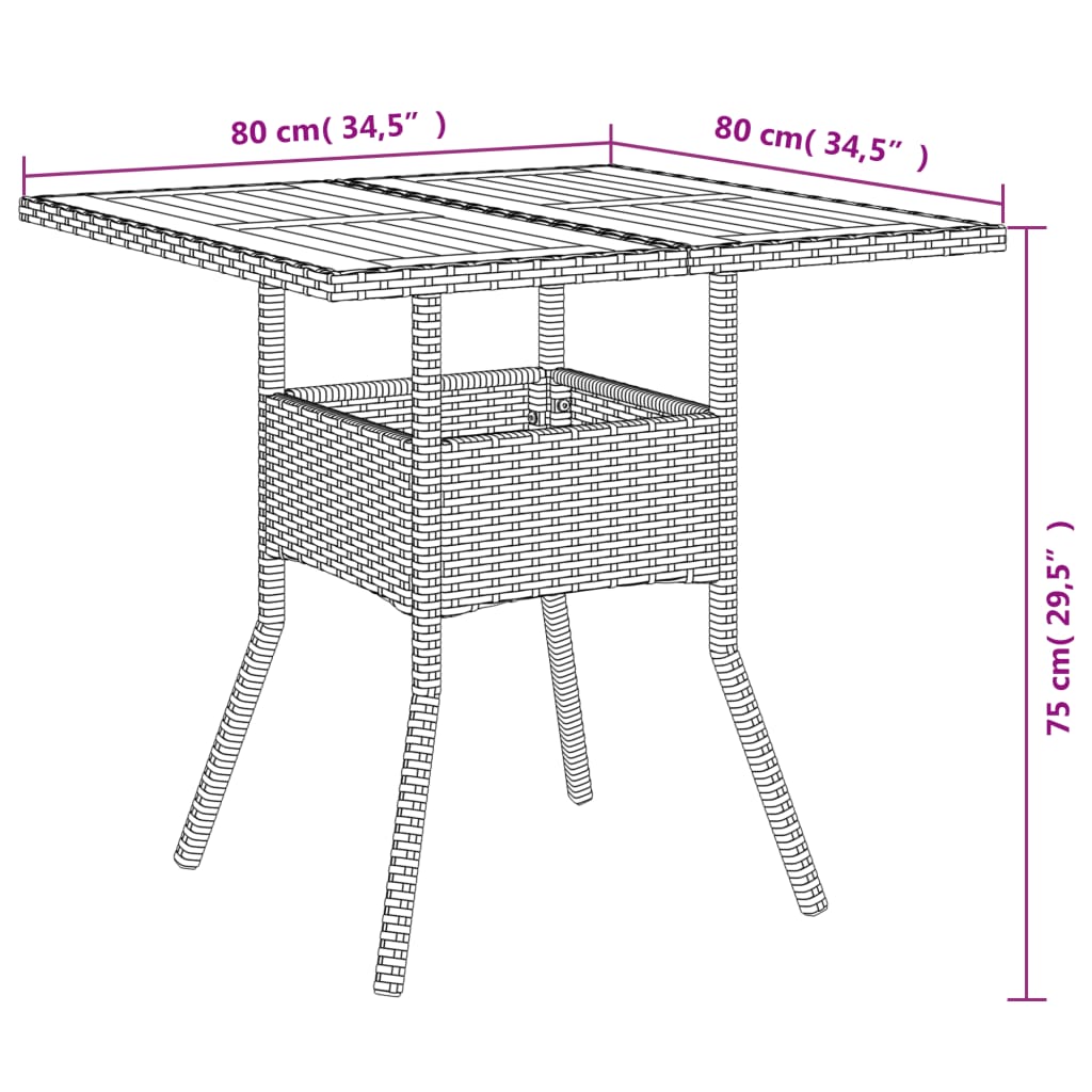 Tavolo Giardino Piano Legno Acacia Nero 80x80x75 cm Polyrattan | homemem39