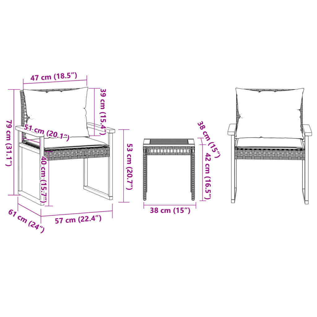 Set da Bistrò 3 pz con Cuscini Nero Polyrattan e Legno Acacia | homemem39