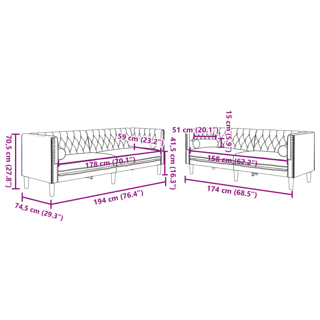 Set Divani Chesterfield 2pz con Cuscini Rosa Velluto | homemem39