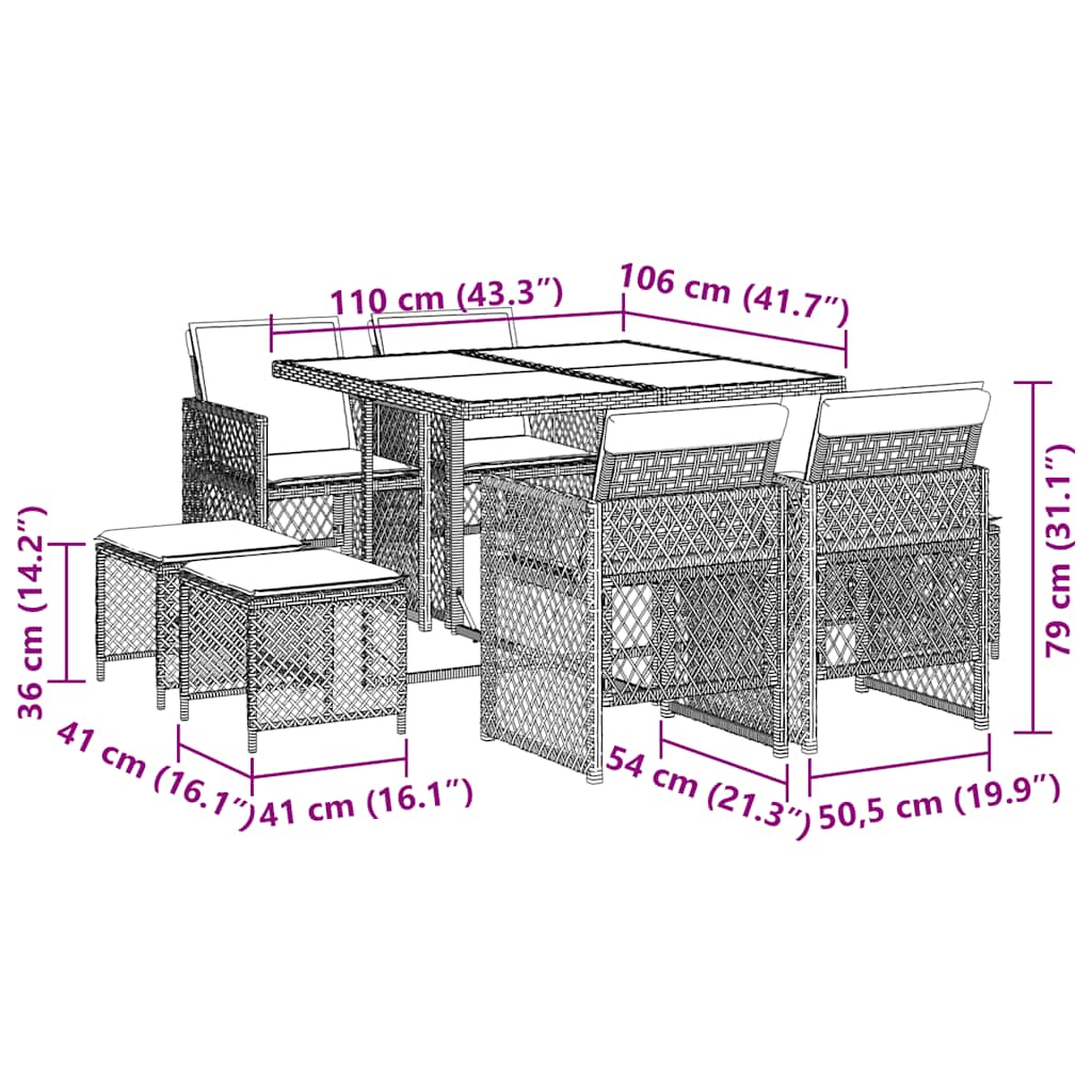 Set da Pranzo da Giardino 9 pz con Cuscini in Polyrattan Grigio | homemem39