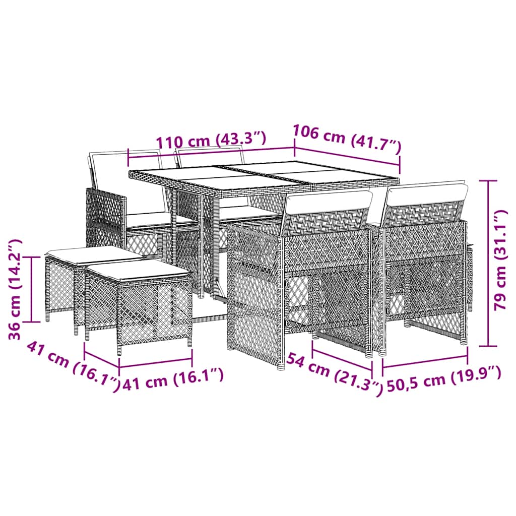 Set da Pranzo da Giardino 9 pz con Cuscini Beige in Polyrattan | homemem39