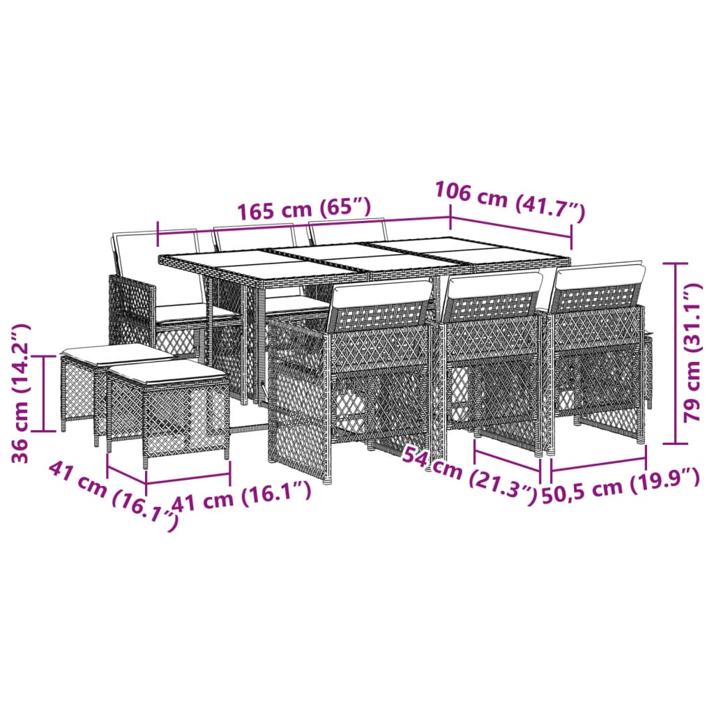 Set da Pranzo da Giardino 11 pz con Cuscini Beige in Polyrattan | homemem39
