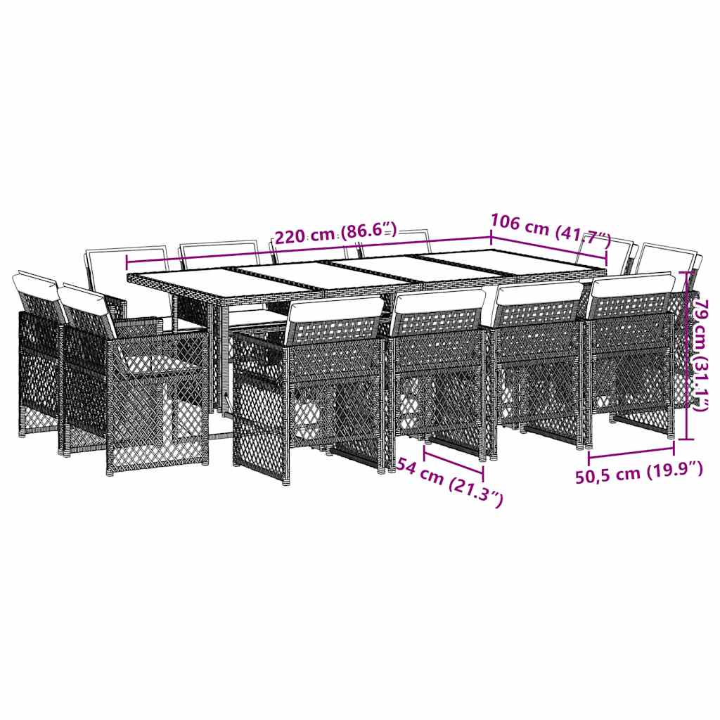 Set da Pranzo da Giardino 13pz con Cuscini Grigio in Polyrattan