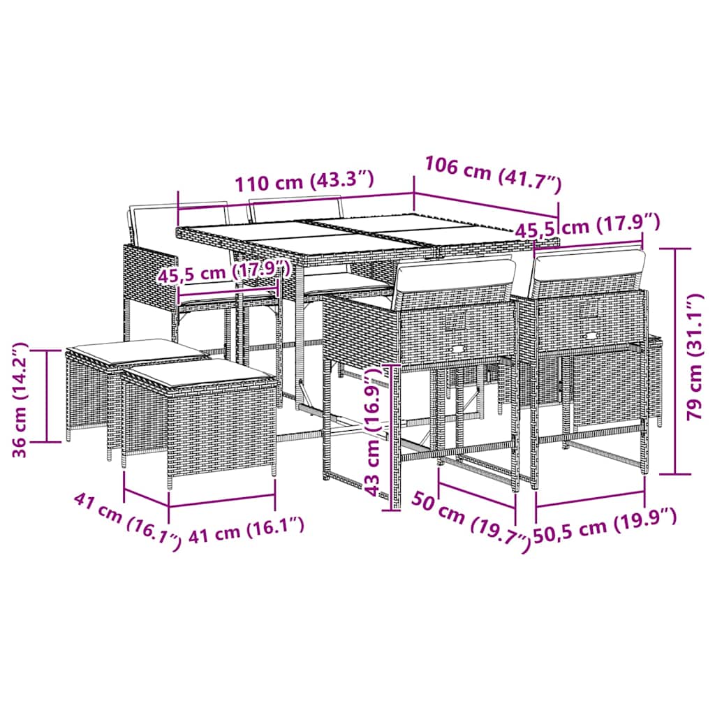 Set da Pranzo da Giardino 9 pz con Cuscini Nero in Polyrattan | homemem39