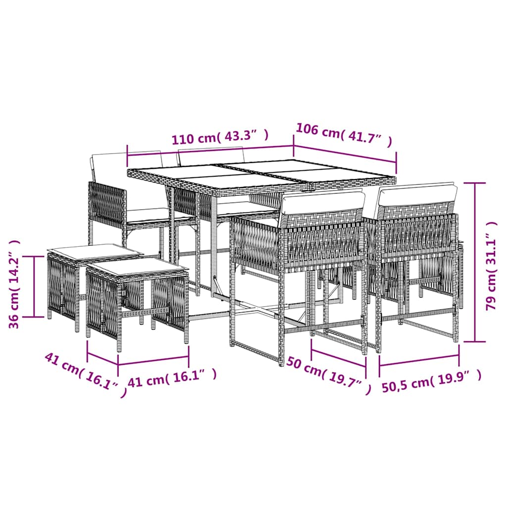 Set da Pranzo da Giardino 9 pz con Cuscini Nero in Polyrattan | homemem39