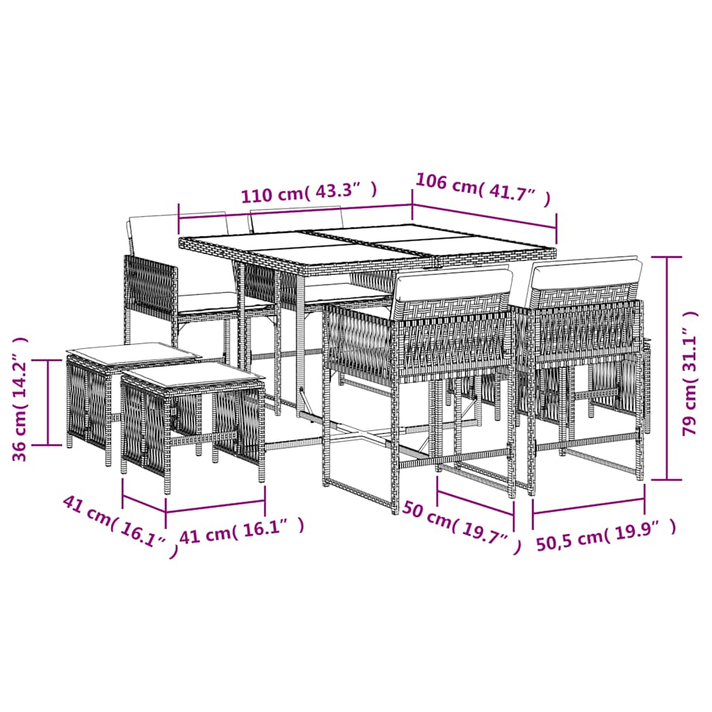 Set da Pranzo da Giardino 9pz con Cuscini Marrone in Polyrattan | homemem39