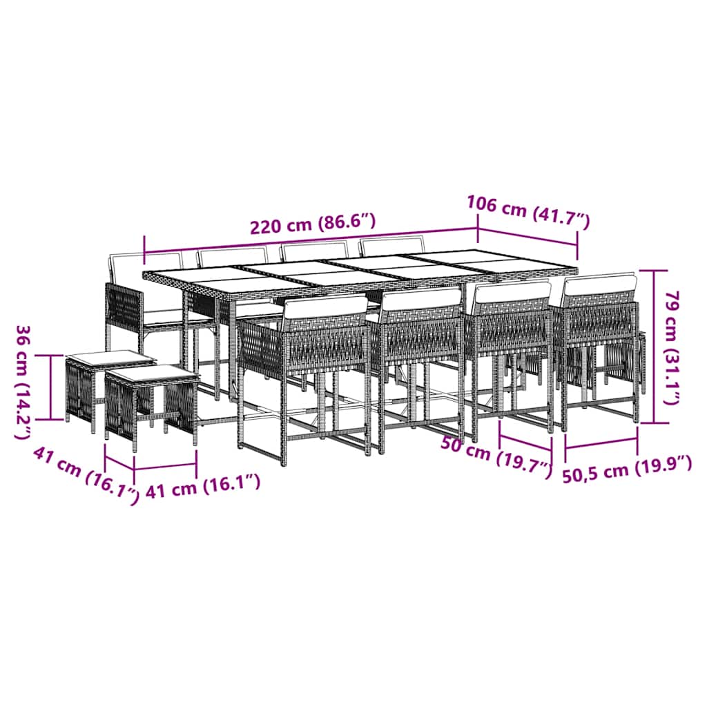Set da Pranzo da Giardino 13pz con Cuscini Grigio in Polyrattan