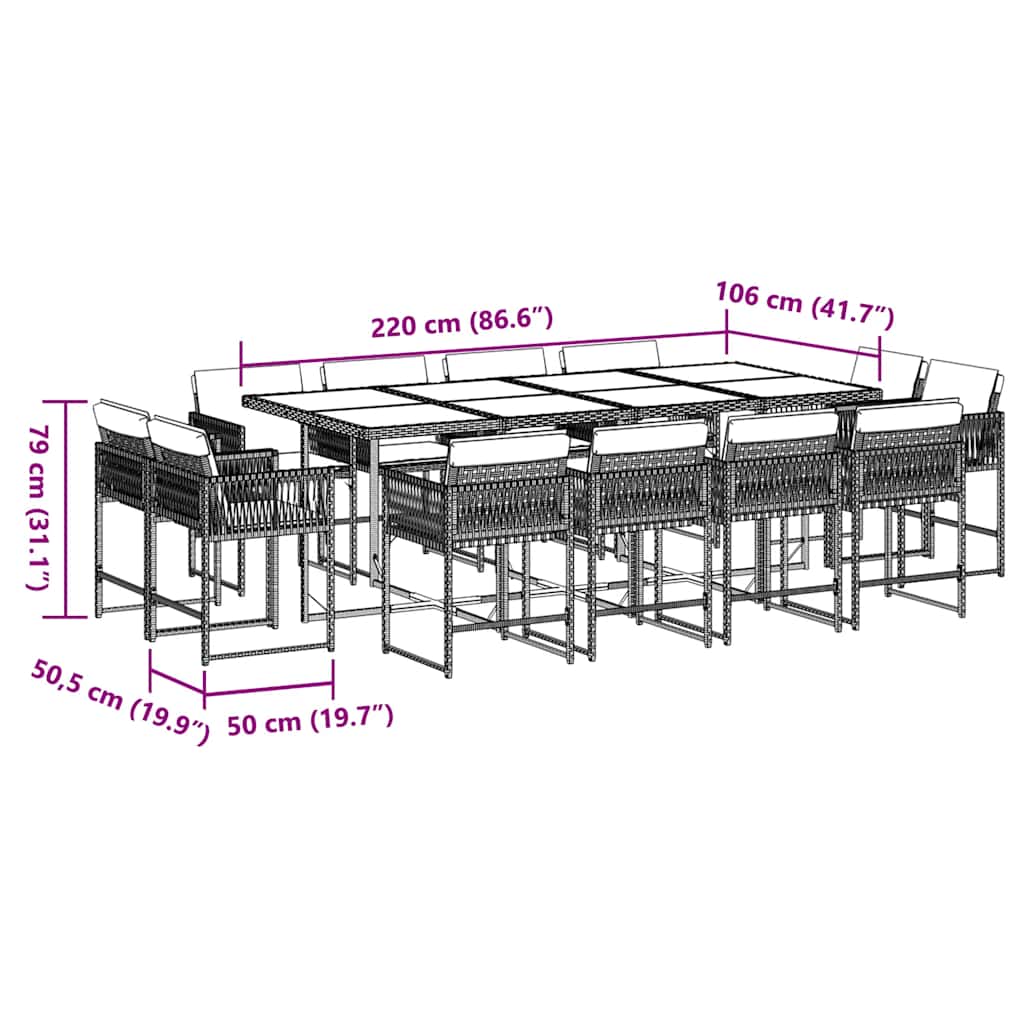 Set da Pranzo da Giardino 13pz con Cuscini Grigio in Polyrattan