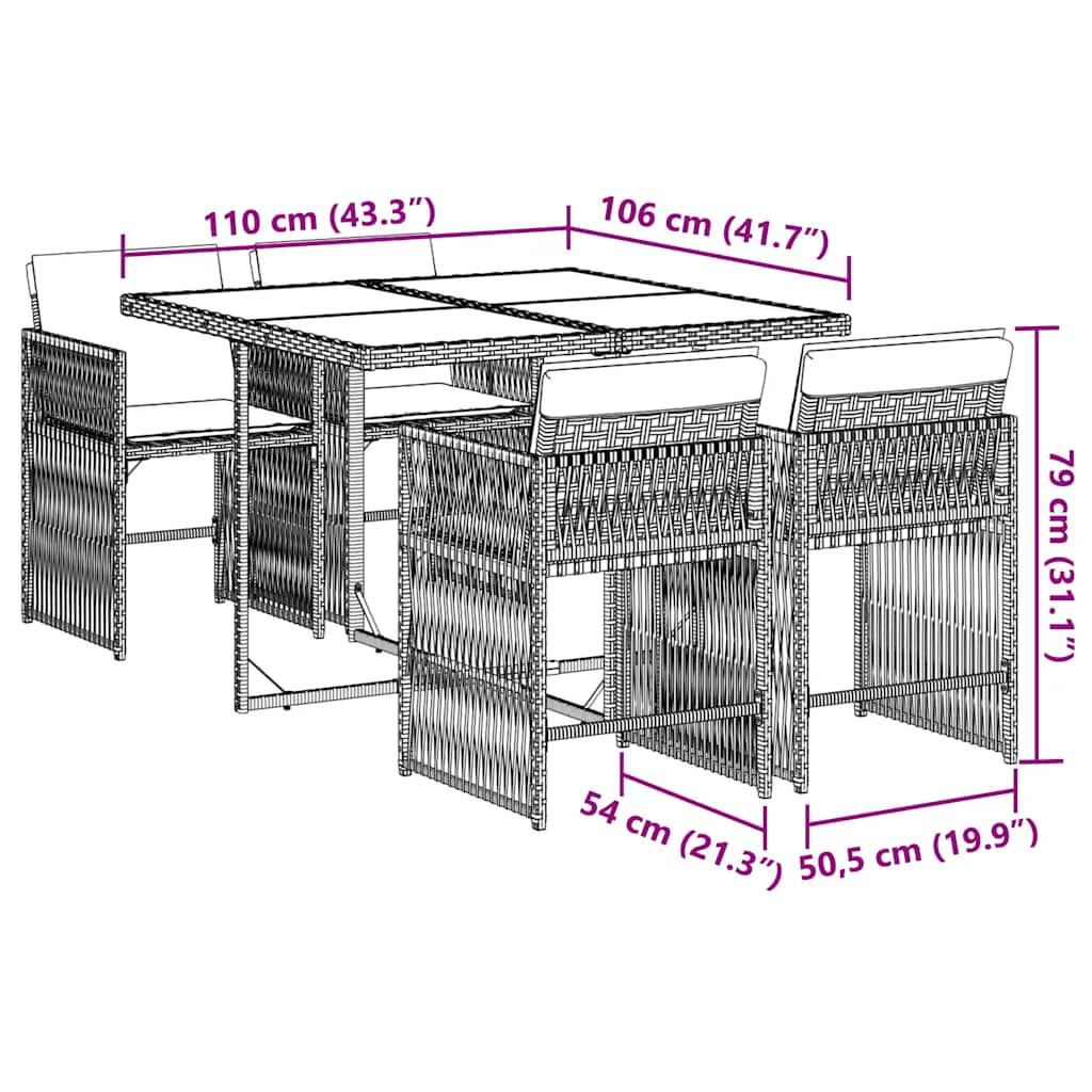 Set da Pranzo da Giardino 5pz con Cuscini in Polyrattan Marrone | homemem39