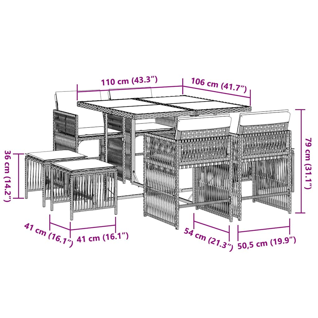 Set da Pranzo da Giardino 9 pz con Cuscini in Polyrattan Grigio | homemem39