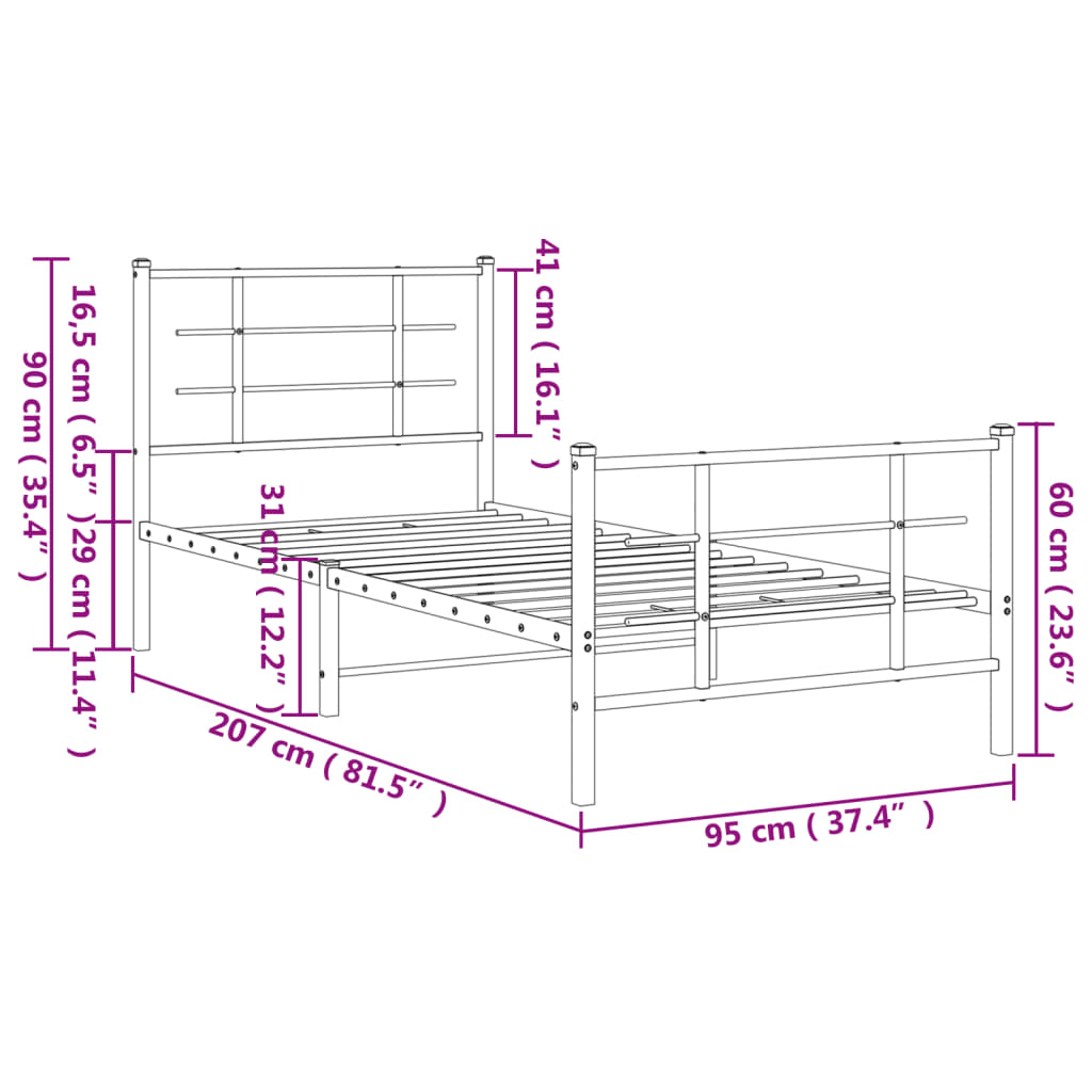 Giroletto con Testiera e Pediera Metallo Nero 90x200 cm | homemem39