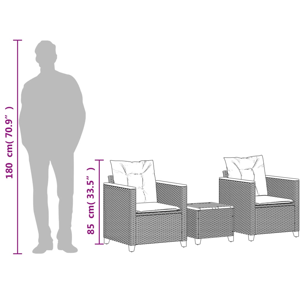 Set da Bistrò 3 pz con Cuscini Nero Polyrattan e Legno Acacia - homemem39