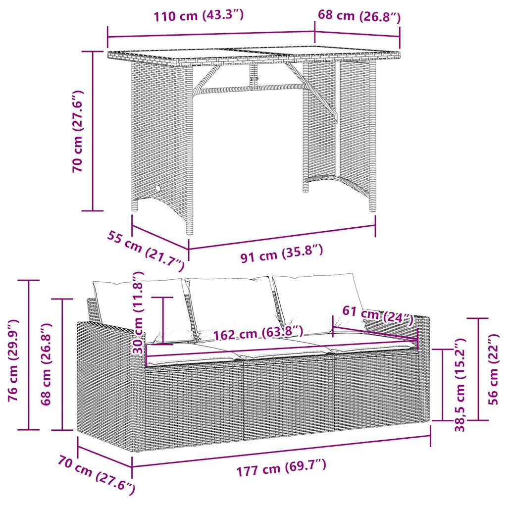 Set da Pranzo da Giardino 2 pz con Cuscini Nero in Polyrattan