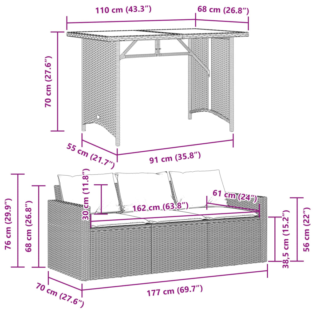 Set da Pranzo da Giardino 2 pz con Cuscini in Polyrattan Grigio | homemem39