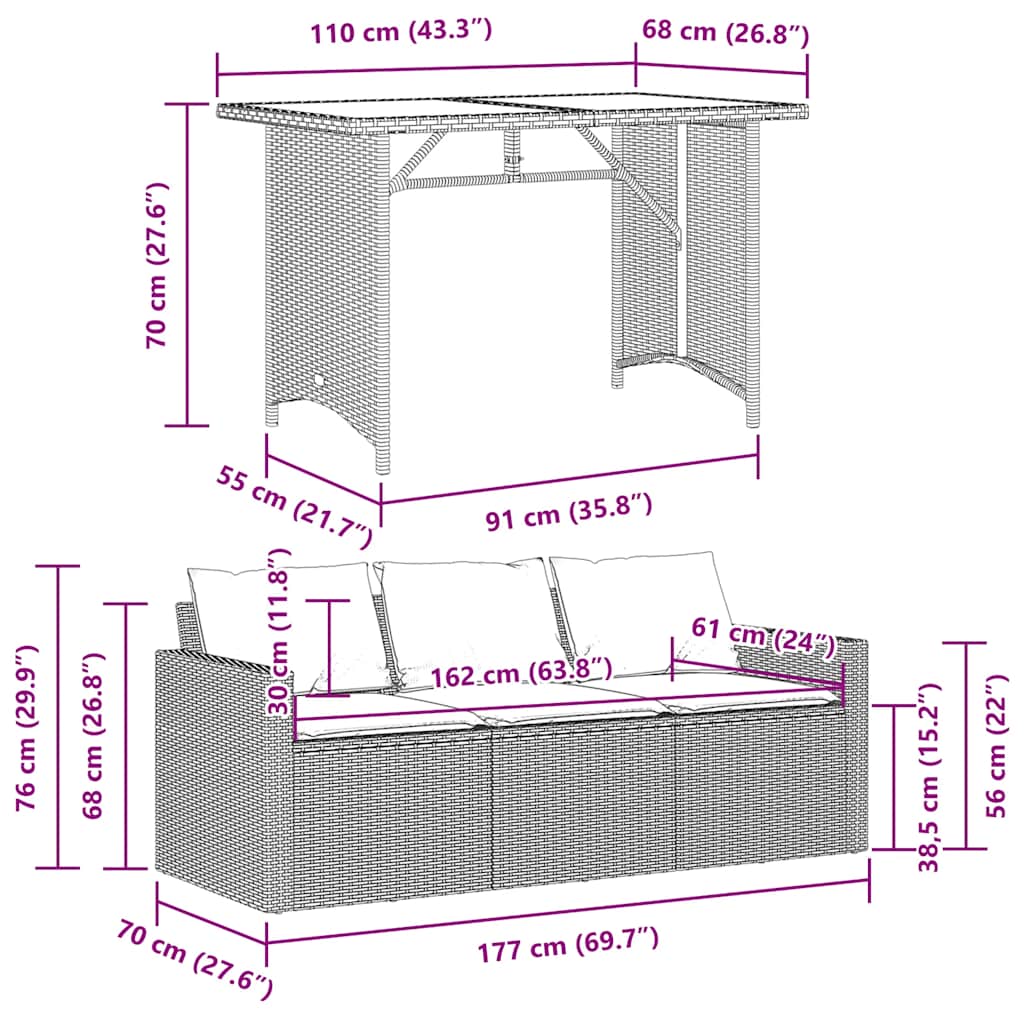 Set da Pranzo da Giardino 2 pz con Cuscini in Polyrattan Grigio | homemem39