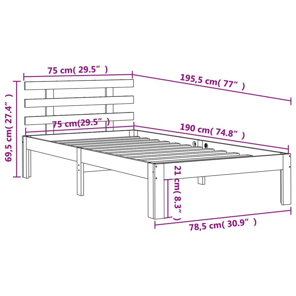 Letto senza Materasso Marrone Cera 75x190 cm in Legno di Pino | homemem39