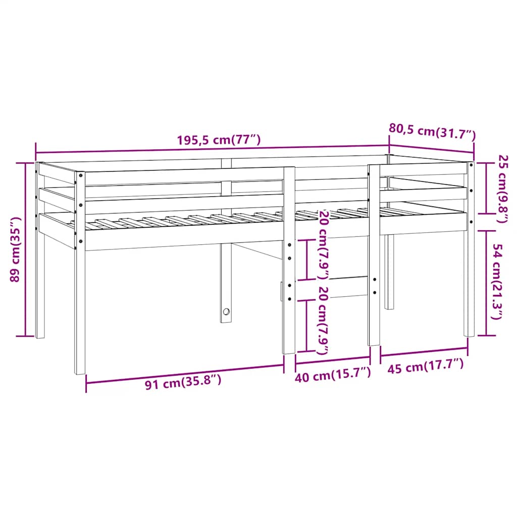 Letto a Soppalco Marrone Cera 75x190 cm Legno Massello di Pino | homemem39